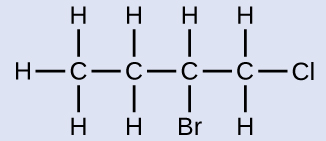 This structure shows a C atom bonded to the H atoms and another C atom. This second C atom is bonded to two H atoms and another C atom. This third C atom is bonded to a B r atom, an H atom, and another C atom. This fourth C atom is bonded to two H atoms and a C l atom.