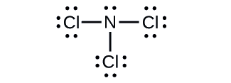 A Lewis structure is shown. A nitrogen atom with one lone pair of electrons is single bonded to three chlorine atoms, each of which has three lone pairs of electrons.