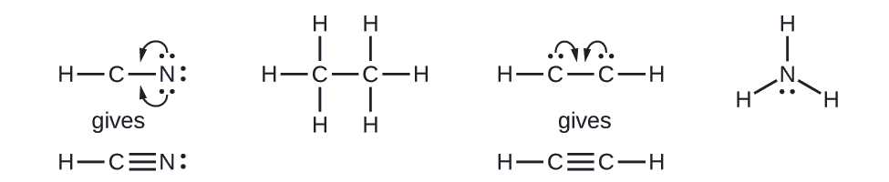 Four Lewis structures are shown. The first structure shows a carbon atom single bonded to a hydrogen atom and a nitrogen atom. The second structure shows two carbon atoms single bonded to one another. Each is single bonded to three hydrogen atoms. The third structure shows two carbon atoms single bonded to one another and each single bonded to one hydrogen atom. The fourth structure shows a nitrogen atom single bonded to three hydrogen atoms.