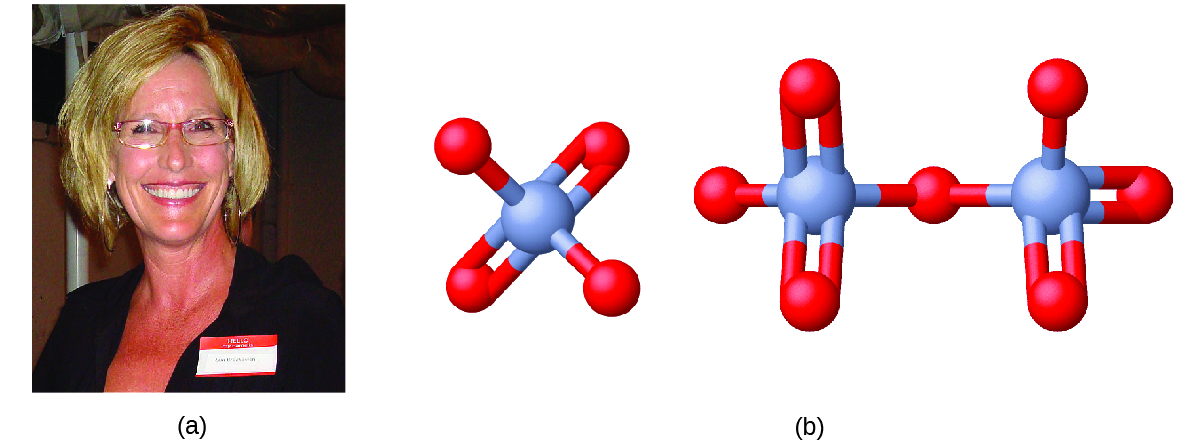 Figure A shows a photo of Erin Brockovich. Figure B shows a 3-D ball-and-stick model of chromate. Chromate has a chromium atom at its center that forms bonds with four oxygen atoms each. Two of the oxygen atoms form single bonds with the chromium atom while the other two form double bonds each. The structure of dichromate consists of two chromate ions that are bonded and share one of their oxygen atoms to which each chromate atom has a single bond.