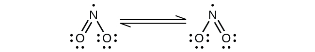 Two Lewis structures are shown and connected by double-headed arrows in between. The left structure shows a nitrogen atom with a single electron double bonded to an oxygen atom which has two lone pairs of electrons. The nitrogen atom is also single bonded to an oxygen atom with three lone pairs of electrons. The right structure is a mirror image of the left structure.