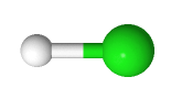 HCl ball and stick model with a small white ball connected to a much larger green ball.