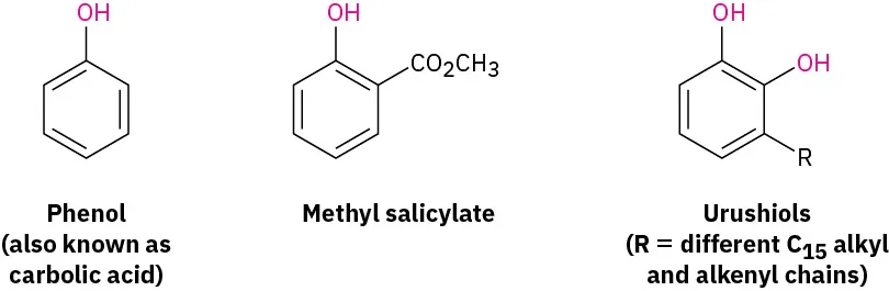 Three structures named phenol (also called carbolic acid), methyl salicylate, and urushiols in which R is equal to different 15-carbon alkyl and alkenyl chains.