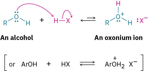 Alcohol reacts reversibly with alkyl halide to form oxonium ion (R O H 2 plus). Aryl alcohol reacts with alkyl halide to form aryl oxonium and halide.