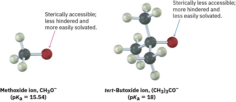 The ball-and-stick model of methoxide and tertiary-butoxide ion with p k a values. The oxygen of methoxide ion is sterically accessible, less hindered, and more easily solvated than tertiary-butoxide ion.