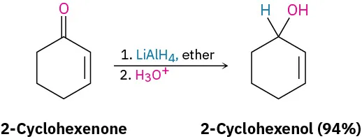 2-cyclohexenone reacts first with lithium aluminum hydride and ether, then hydronium ion to form 2-cyclohexenol with 94 percent yield.
