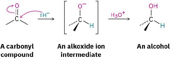 A carbonyl compound reacts with hydrogen anion having an electron pair to form an alkoxide ion intermediate. This reacts with hydronium ion to form an alcohol.