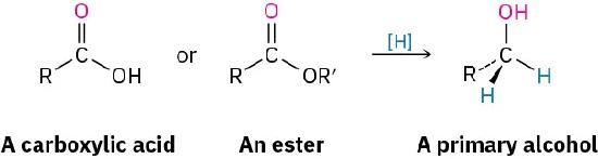 A carboxylic acid or an ester undergoes reduction to form a primary alcohol. In each case, the carbonyl oxygen becomes a hydroxy, and the carbon gains two hydrogens.