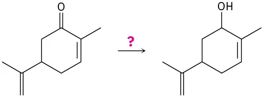 2-methyl-5-(prop-1-en-2-yl)cyclohex-2-enone reacts with an unknown reagent represented by a question mark to form a product with unchanged carbon skeleton, where carbonyl oxygen is now a hydroxy group.