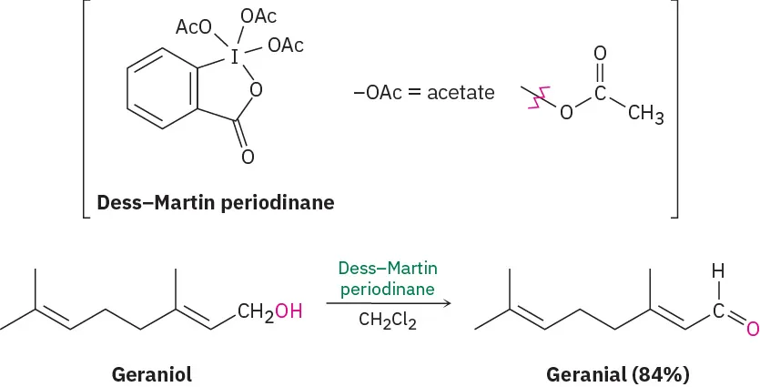 Geraniol reacts with methylene chloride and Dess-Martin periodinane to form geranial with 84 percent yield. The structure of Dess-Martin periodinane is also represented. O A c denotes acetate group.