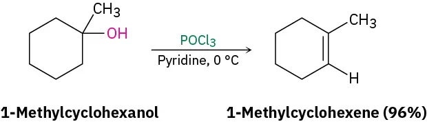 1-متیل سیکلوهگزانول با فسفر اکسی کلرید و پیریدین در 0 درجه سانتیگراد واکنش داده و 1-متیل سیکلوهگزن با عملکرد 96 درصد تشکیل می دهد.