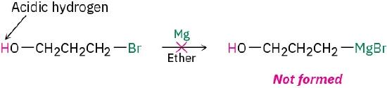 3-bromopropan-1-ol (hydroxy hydrogen labeled acidic) does not react with magnesium and ether to form (3-hydroxypropyl)magnesium bromide.