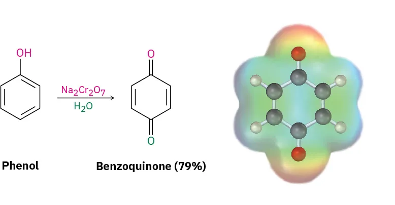 Phenol reacts with sodium dichromate to form benzoquinone with 79 percent yield. The electrostatic potential map of benzoquinone shows carbon, hydrogen and oxygen as black, gray and red spheres, respectively.