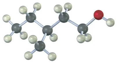 A ball-and-stick model of five carbon chain with hydroxyl on C 1, and methyl group on C 3 position.