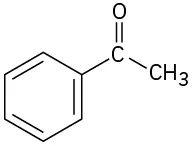 The structure of acetophenone shows a benzene ring single-bonded to the carbonyl group at the first carbon. The carbonyl carbon is single-bonded to a methyl group.