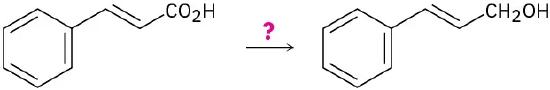 Cinnamic acid ((E)-3-phenyl prop-2-enoic acid) reacts with an unknown reagent represented as question mark to form trans-3-phenylprop-2-en-1-ol