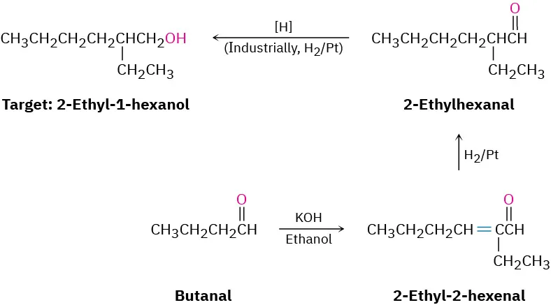 The conversion of butanal to 2-ethyl-1-hexanol uses potassium hydroxide in ethanol, forming 2-ethyl-2-hexenal. The second step forms 2-ethylhexanal using hydrogen in platinum. The final step uses nascent hydrogen.