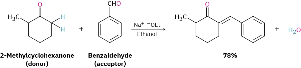 The reaction of 2-methylcyclohexanone and benzaldehyde with sodium ethoxide in ethanol forms 2-benzylidene-6-methylcyclohexanone (seventy-eight percent yield) and water. 