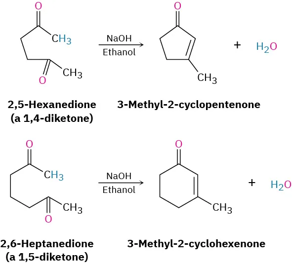 The first reaction shows a 1,4-diketone (2,5-hexanedione) with sodium hydroxide in ethanol, forming 3-methyl-2-cyclopentenone and water. The second shows 2, 6-heptanedione (1,5-diketone) with the same reagents forming 3-methyl-2-cyclohexenone and water.