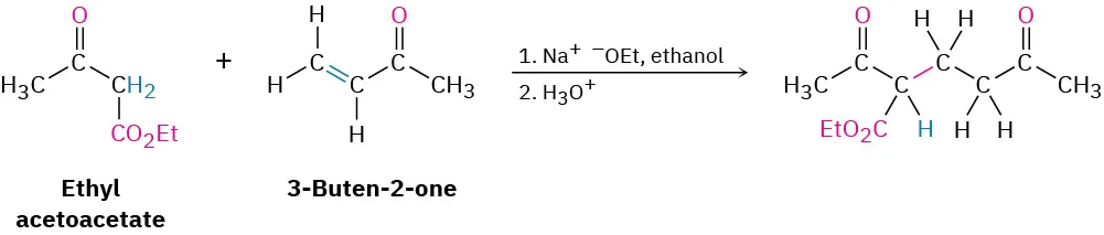 The reaction of ethyl acetoacetate with 3-buten-2-one with sodium ethoxide in ethanol, then hydronium ion, forms a conjugate addition product with an extended carbon chain.
