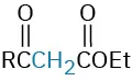 The beta-keto ester has a C H 2 group between two carbonyls. An ethoxy group is attached to one terminal carbonyl, and an R group is on the other terminus.