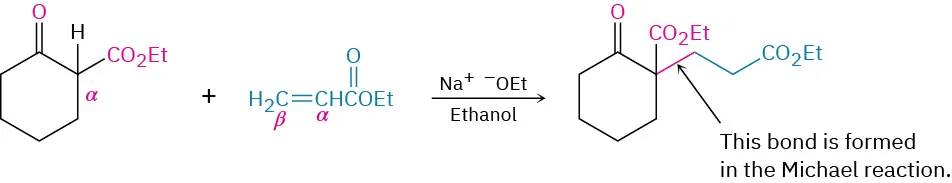 The reaction between ethyl-2-oxocyclohexanecarboxylate with alpha, beta-unsaturated ester (three-carbon) in the presence of sodium ethoxide in ethanol gives ethyl-1-(3-ethoxy-3-oxopropyl)-2-oxocyclohexanecarboxylate (1,5-dicarbonyl compound) with a new carbon-carbon bond between cyclohexane and ester.