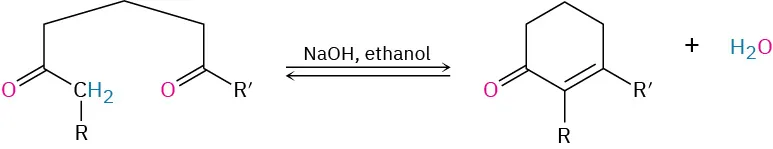 The reaction shows the intramolecular aldol formation of a diketocarbonyl compound with sodium ethoxide in ethanol, forming a cyclic carbonyl compound and water as the products.