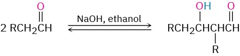 The reversible reaction shows two aldehydes with sodium hydroxide/ethanol, forming beta-hydroxy aldehyde. The product is R C H 2 C H O H C H R C H O.