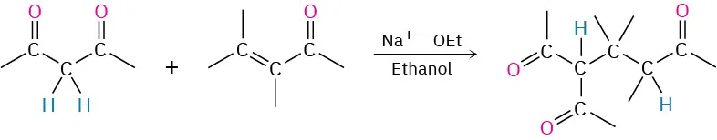 The reaction of dicarbonyl and alpha, beta-unsaturated carbonyl compound with sodium ethoxide and ethanol, forms a new carbon-carbon bond between the two reactants.