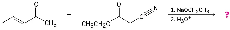 (E) -pent-3-en-2-one با اتیل 2-سیانو استات در حضور اتوکسید سدیم واکنش می دهد، سپس یون هیدرونیوم برای تشکیل یک محصول ناشناخته.
