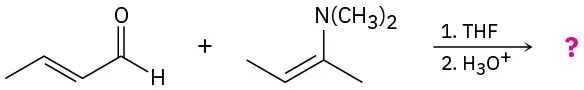 Trans-But-2-enal با (Z) -N، N-dimethylbut-2-EN-2-آمین در حضور تتراهیدروفوران، سپس یون هیدرونیوم واکنش می دهد تا یک محصول ناشناخته را تشکیل دهد.