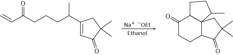 The reaction shows two intramolecular Michael addition of a cyclopentenone derivative with sodium ethoxide and ethanol to form a product that comprises cyclohexanone ring fused with cyclopentane and cyclopentanone ring.
