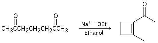 The reaction shows heptane-2, 6-dione with sodium ethoxide in ethanol, forming a product that attaches cyclobutene to methyl at second and C O C H 3 on the first carbon.