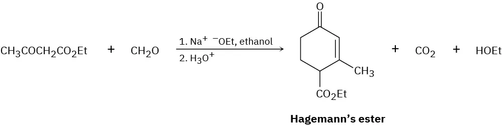 Ethyl acetoacetate reacts with formaldehyde in the presence of sodium ethoxide and ethanol, then hydronium ion to yield Hagemann’s ester, carbon dioxide, and ethanol.