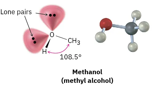 The chemical structure and ball and stick model of methanol (methyl alcohol) where oxygen has two lone pairs. The hydrogen-carbon bond angle is 108.5 degrees.