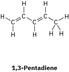 Structural formula of 1,3-pentadiene, a five-carbon chain with alternating single and double bonds.