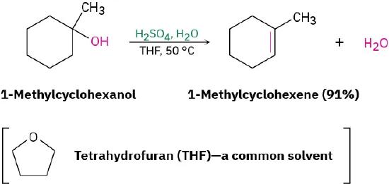 In a reaction, 1-methylcyclohexanol reacts with sulfuric acid in the presence of water, tetrahydrofuran (a common solvent) at 50 degrees Celsius to form 1-methylcyclohexene (91 percent yield) and water.