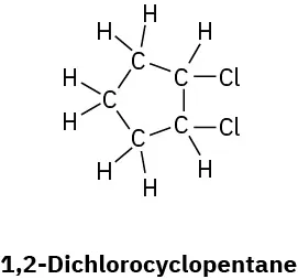 Structural formula of 1,2-dichlorocyclopentane, a ring of five carbon atoms with chlorines on adjacent carbons.