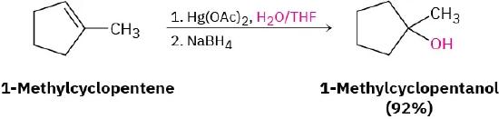 A reaction shows 1-methylcyclopentene reacting with mercury (II) acetate, water in tetrahydrofuran and sodium borohydride to form 1-methylcyclopentanol with 92 percent yield.