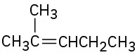 The condensed structural formula has a 5-carbon chain. C2 is double bonded to C3 and single bonded to a methyl group.