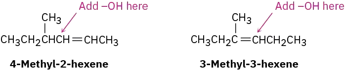 The structures of 4-methyl-2-hexene and 3-methyl-3-hexene with arrows on each structure indicating the addition of O H groups at C3 and C4, respectively.