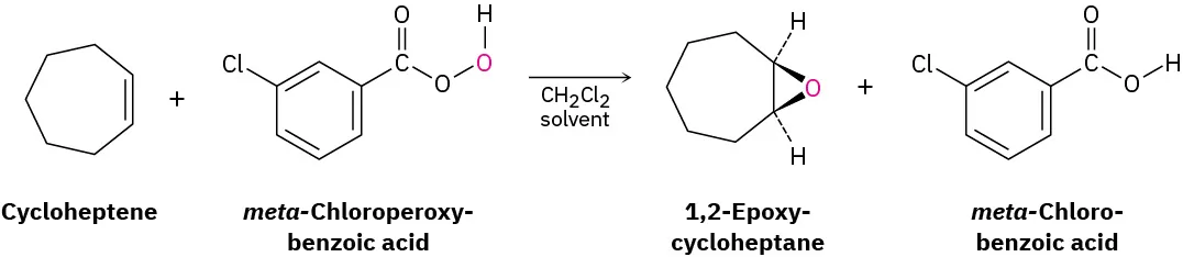 A reaction shows the epoxidation of cycloheptene with meta-chloroperoxybenzoic acid in dichloromethane to form epoxycycloheptane and meta-chlorobenzoic acid