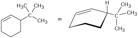 The structure has a cyclohexene ring with a tert-butyl group bonded to the C3 cyclohexyl carbon. To the right, the equivalent 3D structure is depicted.