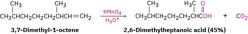 A reaction shows 3,7-dimethyl-1-octene reacting with potassium permanganate in the presence of hydronium ion to form 2,6-dimethylheptanoic acid with 45 percent yield and carbon dioxide.