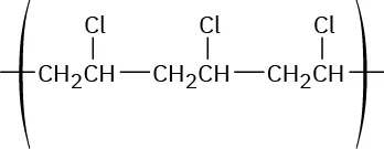 The polymer enclosed in parentheses shows a chain of three C H 2 C H groups. The carbon of each C H group is bonded to a chlorine atom.