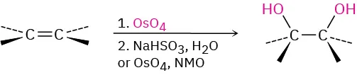 Alkene reacts with osmium tetroxide in the first step, sodium bisulfite water or osmium tetroxide, and N M O in the second step to form a diol.