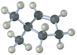 The ball-and-stick model has a cyclopentene ring. C3 is bonded to two methyl groups.