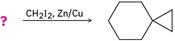 A reaction shows an unknown reactant reacting  with diiodomethane in presence of zinc-copper to form cyclohexane fused to cyclopropane.