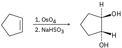 A reaction shows cyclopentene reacting with osmium tetroxide and sodium bicarbonate to form cyclopentane, in which C1 is wedge bonded to hydroxyl. C2 is dash bonded to hydroxyl group.