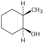 The structure has a cyclohexane ring. C1 is wedge bonded to a methyl group. C2 is wedge bonded to a hydroxyl group.